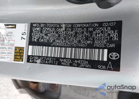 2007 Toyota Prius z USA, uszkodzony, nr VIN JTDKB20U377619467